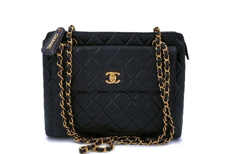 Chanel bags with intricate metal hardwareChanel Vintage Black Caviar Front Flap Tote Bag 24k GHW