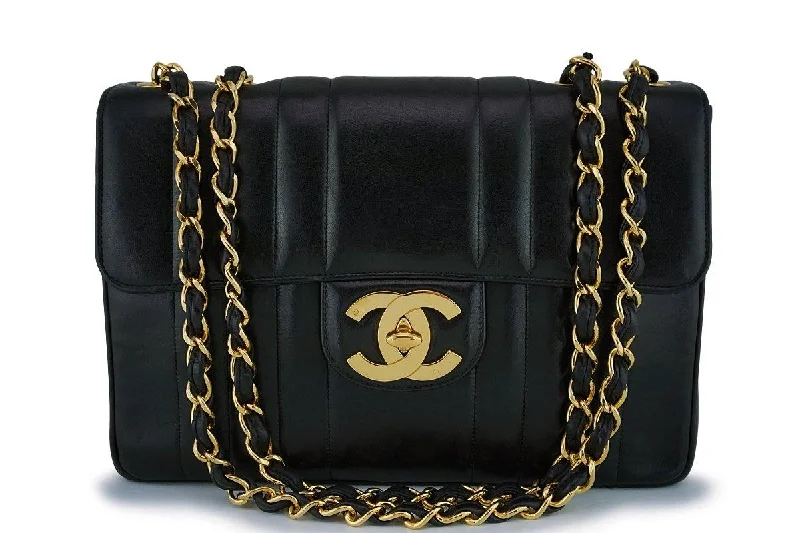 Chanel bags with leather and tweed combinationsChanel Vintage Black Lambskin Mademoiselle Jumbo Classic Flap Bag 24k GHW