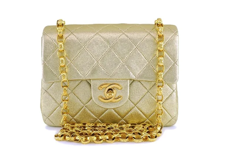 Chanel bags with chain and leather strap combinationsChanel Vintage Gold Lambskin Classic Square Mini Flap Bag 24k GHW