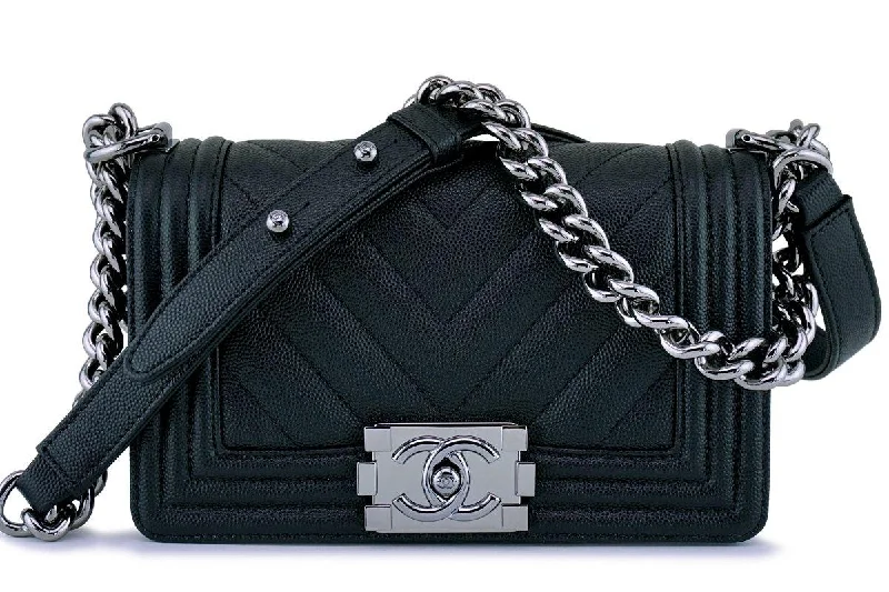 Chanel Vintage Inspired Handbag for Retro LoversNew 18S Chanel Black Caviar Chevron Small Boy Classic Flap Bag RHW