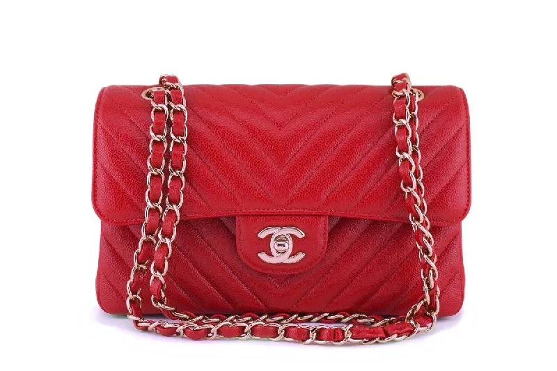 Chanel bags for women with a taste for high fashionNew 20B Chanel Red Caviar Chevron Small Classic Double Flap Bag GHW