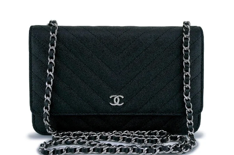 Chanel bags for women who appreciate fine craftsmanshipNew Chanel Black Caviar Classic Chevron Quilted WOC Wallet on Chain Flap Bag SHW