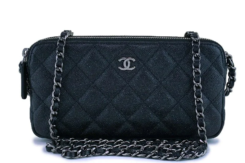 Chanel bags with modern touchesNew Chanel Iridescent Black Caviar Mini Zip Case Wallet on Chain WOC Bag