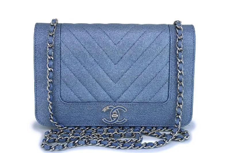 Chanel bags in luxury boutiques worldwideNIB 19P Chanel Iridescent Pearly Blue Caviar Mademoiselle Chevron Wallet on Chain WOC Bag