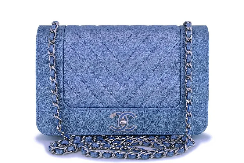 Chanel Quilted Leather Shoulder Bag for FashionistasNIB 19P Chanel Pearly Blue Iridescent Chevron Wallet on Chain WOC Flap Bag