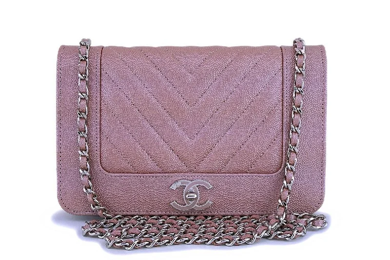 Chanel bags with exclusive seasonal releasesNIB 19P Chanel Iridescent Pink Caviar Rose Gold Chevron Wallet on Chain WOC Flap Bag