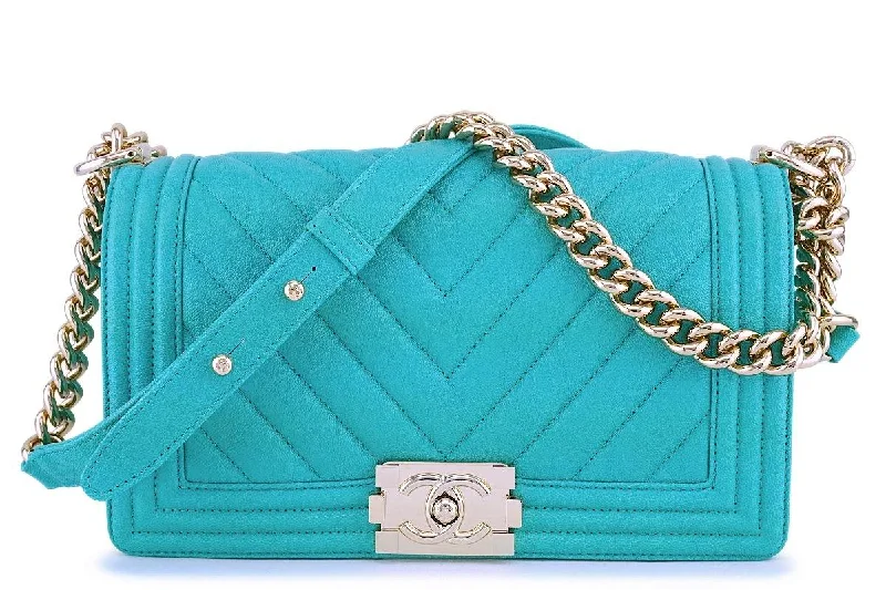 Chanel All - Match Handbag for Versatile StylingNIB 19S Chanel Green Caviar Chevron Classic Medium Boy Flap Bag GHW