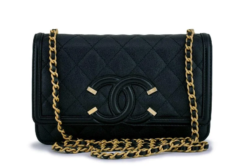 Chanel Colorful Handbag for Spring OutfitsNIB Chanel Black Caviar Filligree WOC Wallet on Chain Flap Bag GHW