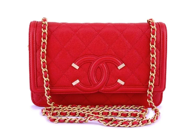 Chanel Chain Strap Handbag for Everyday UseNWT 18P Chanel Red Caviar Filligree WOC Wallet on Chain Flap Bag