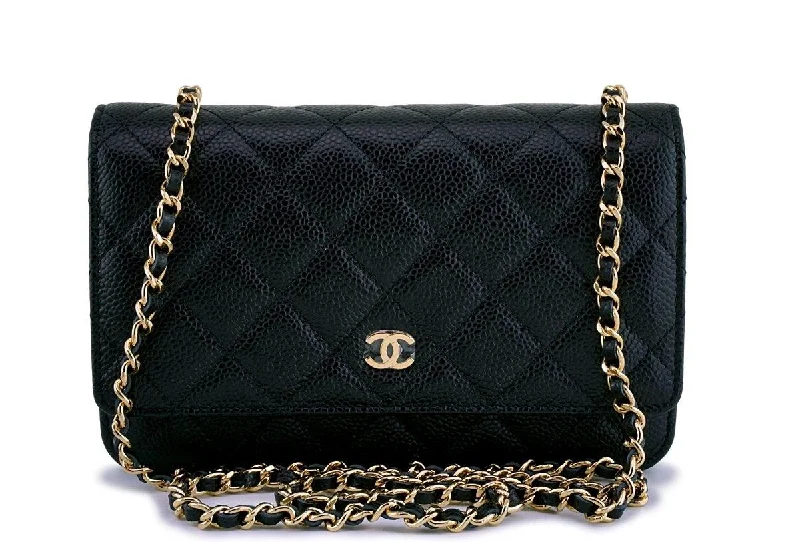 Chanel bags with intricate metal hardwareNWT Chanel Black Caviar Classic Quilted WOC Wallet on Chain Flap Bag GHW