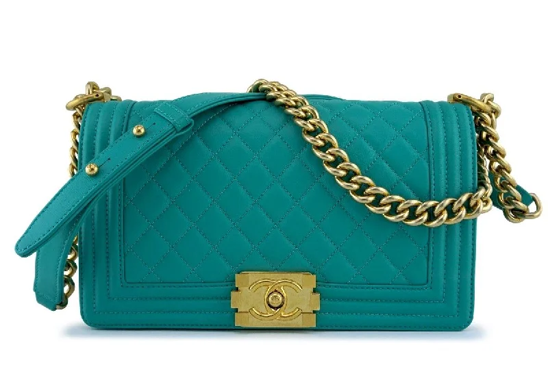 Chanel bags with iconic gold chainsPristine 17C Chanel Turquoise Blue Boy Classic Flap, Medium Lambskin Bag GHW