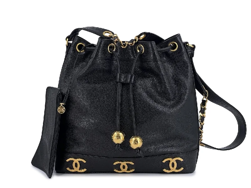 Chanel Designer Handbag with Unique Design(LIKE NEW) Chanel Vintage Black Caviar Bucket Drawstring Bag 24k GHW