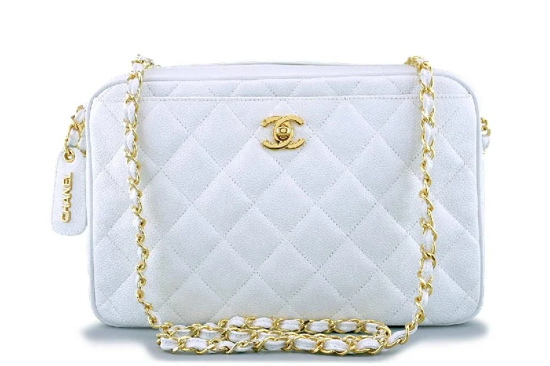 Chanel bags with classic and elegant designsRare Pristine Chanel White Caviar Quilted Classic Camera Case Clasp Bag