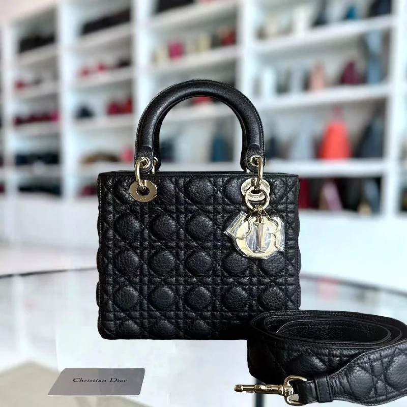 Stylish Christian Dior shoulder bags with a tassel - adorned zipper*Calfskin, Flap Version* Lady Medium Cannage Grained Calfskin Black Golden Hardware