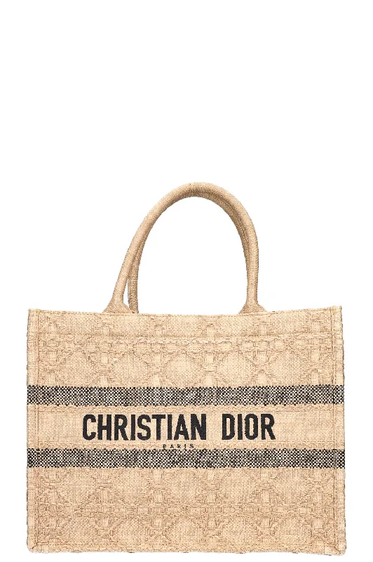 Christian Dior tote bags with a printed Dior logo on the frontCHRISTIAN DIOR Book Tote Medium Raffia