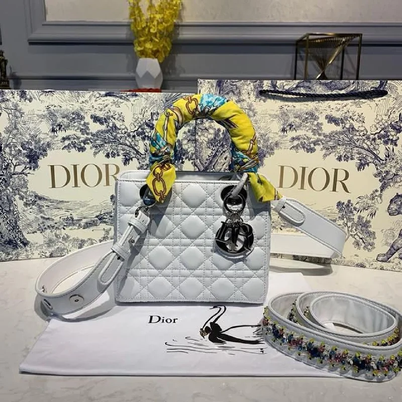 Christian Dior handbags with a snap - button closure and a decorative buckleChristian Dior Small Lady Bag Silver Hardware with Embellished Bag