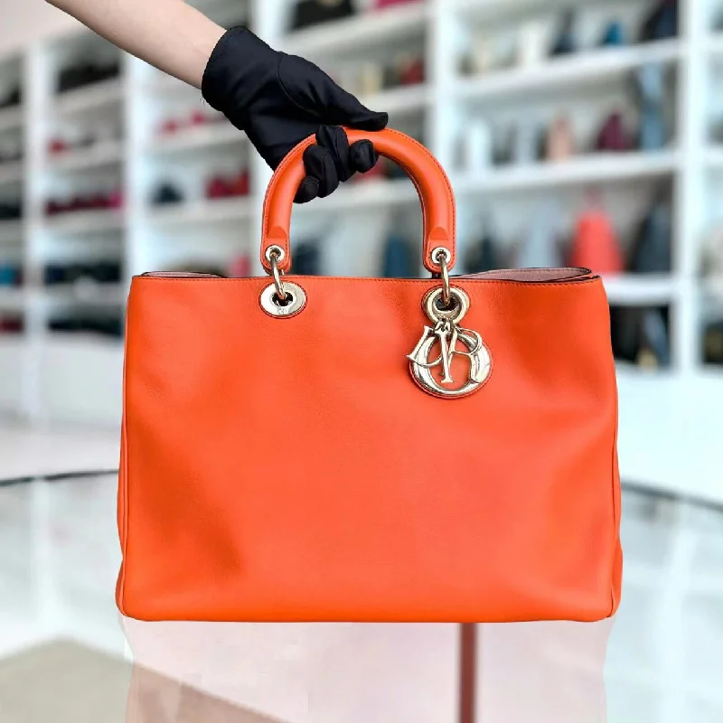 Christian Dior handbags with a removable shoulder strap for versatilityDiorissimo Large Smooth Calfskin Orange Golden Hardware