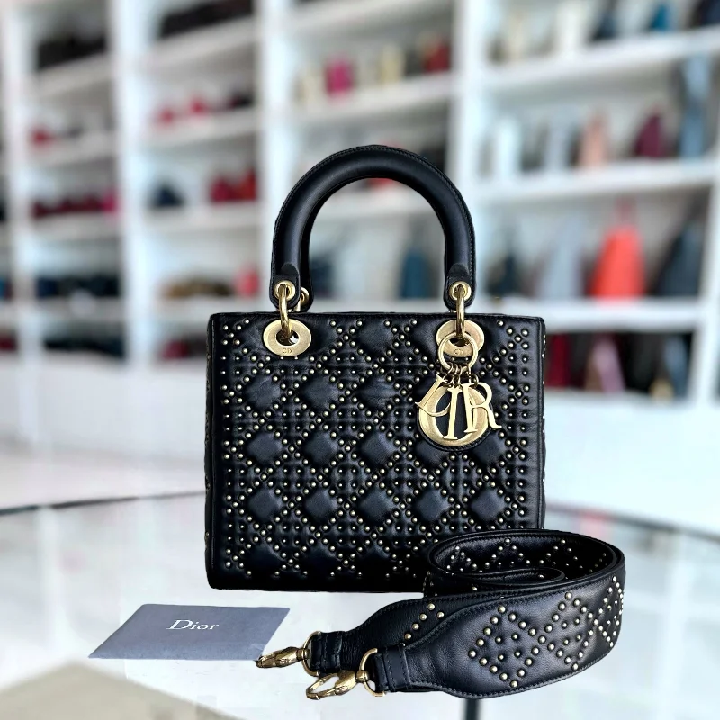 Christian Dior crossbody bags with a front - flap pocket for easy accessLady Medium Studded Cannage Lambskin Black Golden Hardware