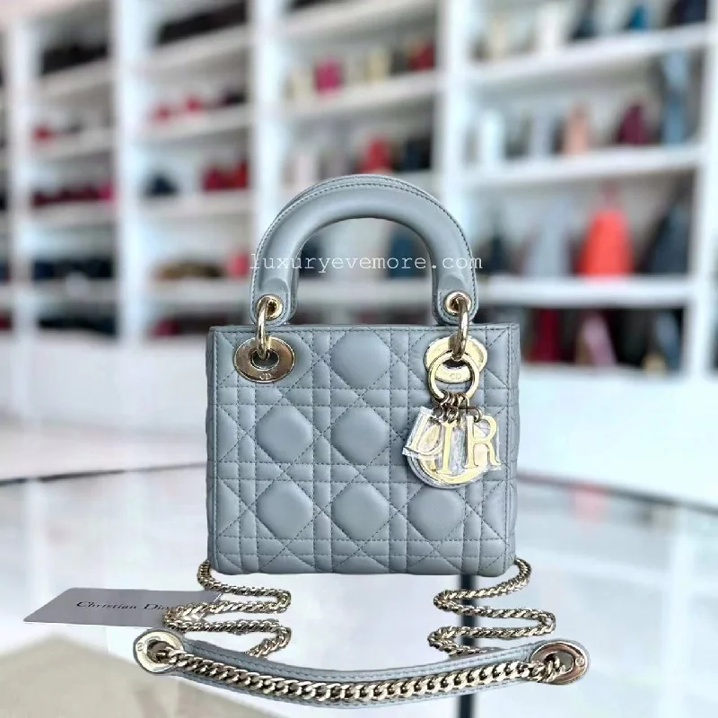 Christian Dior bags with a detachable coin purse insideLady Mini Cannage Lambskin Light Grey Gray Golden Hardware Chain Version