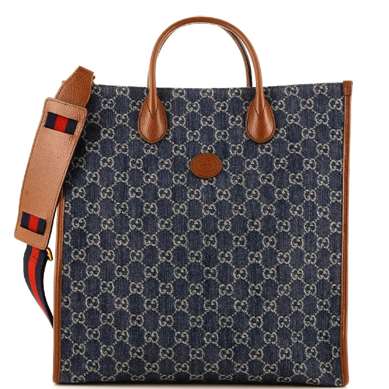 Customizable monogram bagsInterlocking G Patch Web Strap Convertible Tote GG Denim Tall