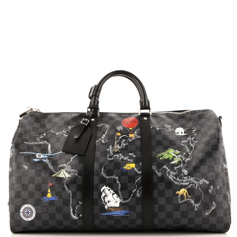 Luxury bags with exotic skinsKeepall Bandouliere Bag Limited Edition Renaissance Map Damier Graphite 50