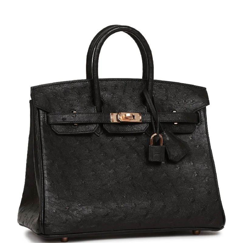 Hermes Birkin Bags with a Detachable Shoulder Pad for ComfortHermes Birkin 25 Black Ostrich Rose Gold Hardware