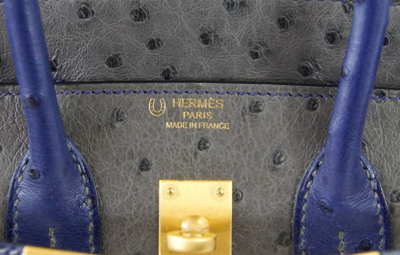 Hermes Birkin Bags with a Contrast - Stitched Handle for Added StyleHermes Birkin 25 Bag HSS Ostrich Gris Agate/Blue Sapphire Brushed Gold