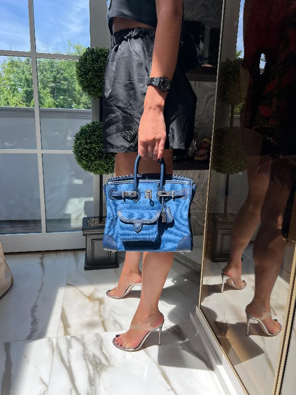 Hermes Birkin Bags with a Hand - Embroidered Floral PatternHermès Cargo Birkin 25 Blue Egee Toile Goeland & Navy Swift Palladium Hardware