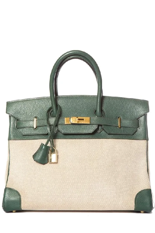 Hermes Birkin Bags with a Detachable Shoulder Pad for ComfortHermès Birkin Leather & Toile 35cm Green Tote