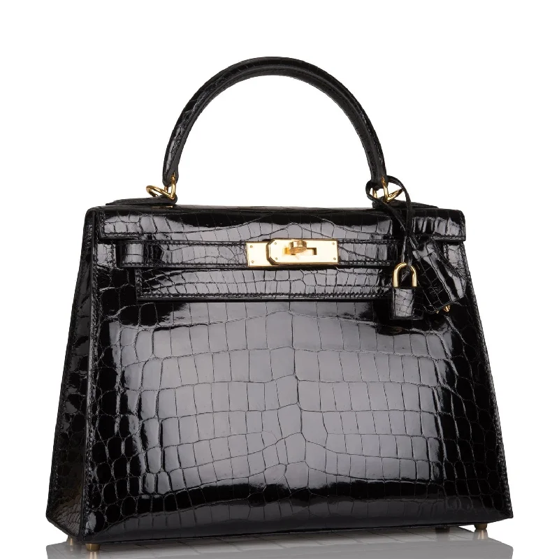 Hermès Kelly Bags with a leather - wrapped turnlock for added eleganceHermes Kelly Sellier 28 Black Shiny Niloticus Crocodile Gold Hardware