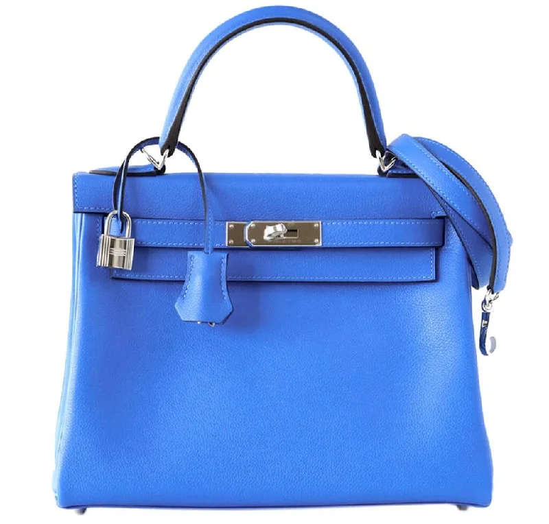 Hermès Kelly Bags with a metal - framed handle for durabilityHermès Kelly 28 Blue Hydra Evergrain