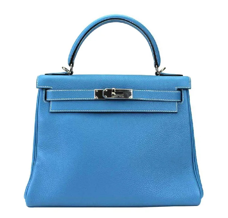 Hermès Kelly Bags with an embossed leather pattern for added textureHermès Kelly 28 Blue Jean Togo Bag Palladium