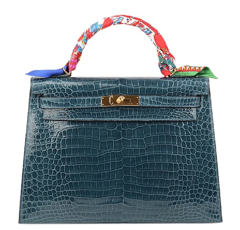 Hermès Kelly Bags with a hand - burnished edge finish for a vintage charmHermès Porosus Crocodile Kelly 32 Bag Blue Roi