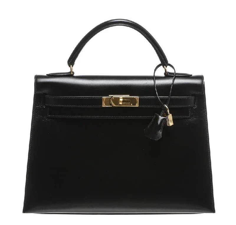 Hermès Kelly Bags with a monogram - embossed leather panelHermès Kelly 32 Black Box Leather Bag GHW