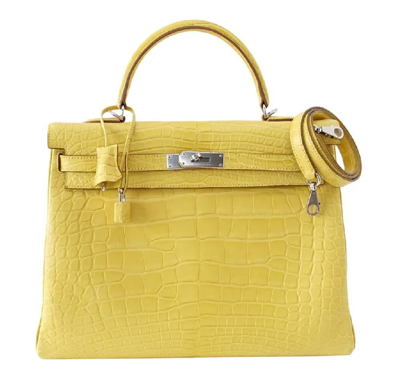 Hermès Kelly Bags in a soft pastel yellow for a fresh and feminine lookHermès Matte Alligator Kelly 35 Mimosa Bag