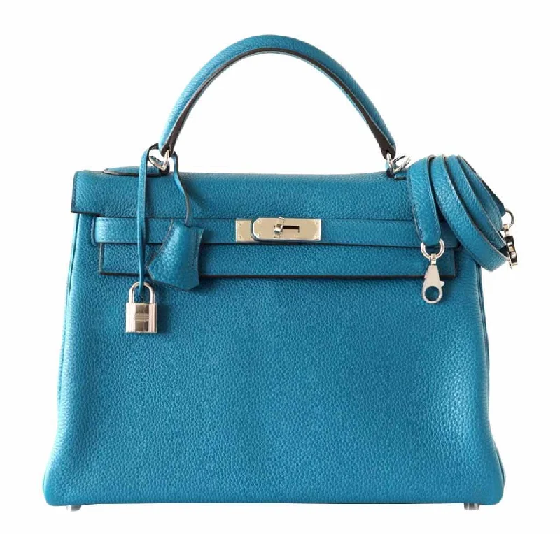 Hermès Kelly Bags with a monogram - embossed leather panelHermès Kelly Mou 32 Blue Izmir Bag