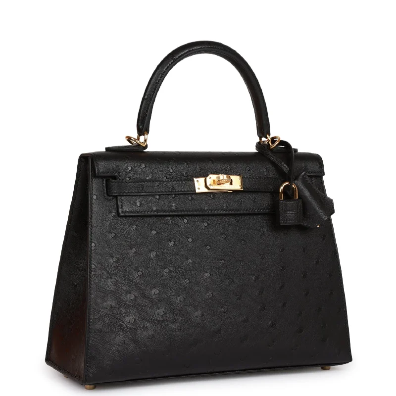 Hermès Kelly Bags with a front - pocket for quick - access itemsHermes Kelly Sellier 25 Black Ostrich Gold Hardware