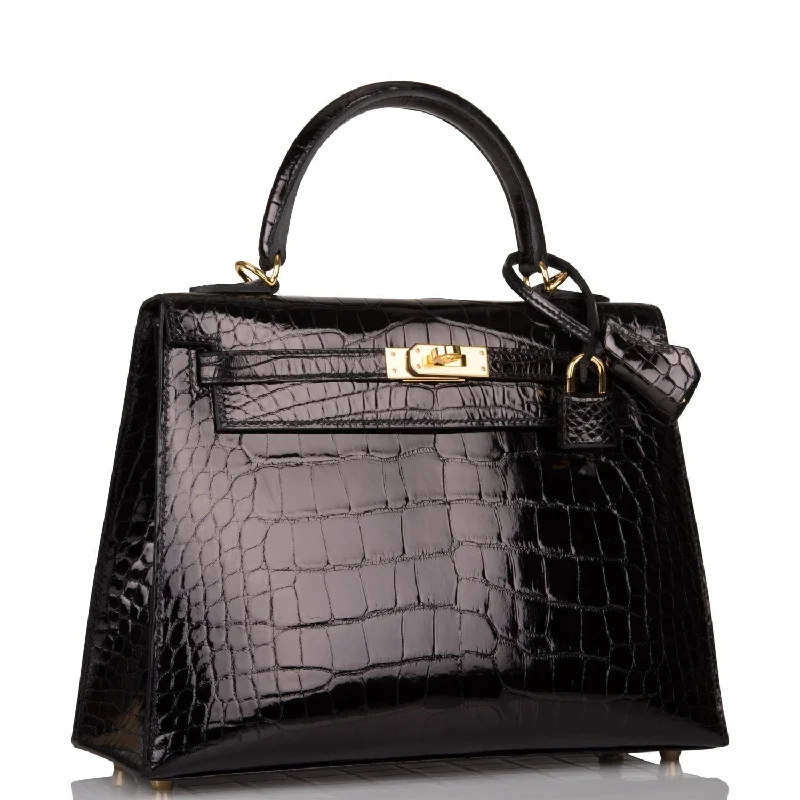 ·Hermes Kelly Sellier 25 Black Shiny Alligator Gold Hardware