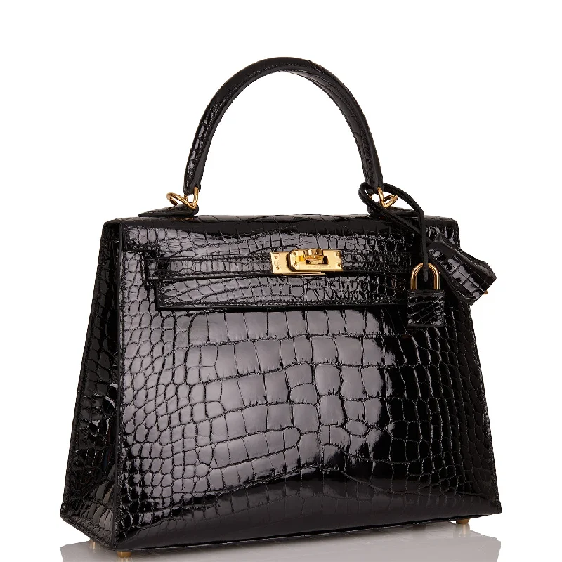 Hermès Kelly Bags in a rich chocolate brown for a sophisticated appearanceHermes Kelly Sellier 25 Black Shiny Alligator Gold Hardware