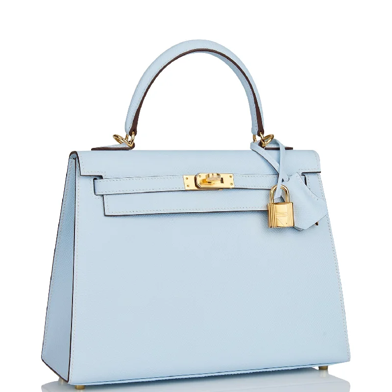 Hermès Kelly Bags with a monogram - embossed leather panelHermes Kelly Sellier 25 Bleu Brume Epsom Gold Hardware