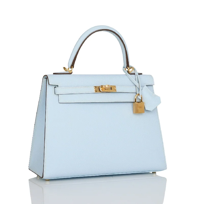 Hermès Kelly Bags featuring hand - painted floral motifsHermes Kelly Sellier 25 Bleu Brume Epsom Gold Hardware