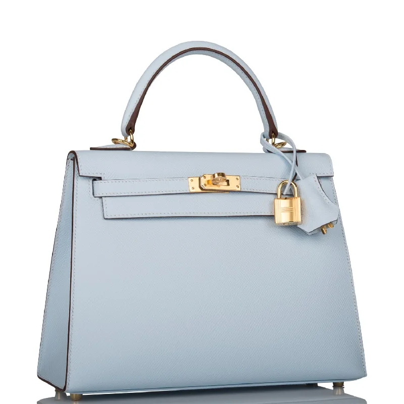 Hermès Kelly Bags in a soft pastel yellow for a fresh and feminine lookHermes Kelly Sellier 25 Bleu Brume Epsom Gold Hardware