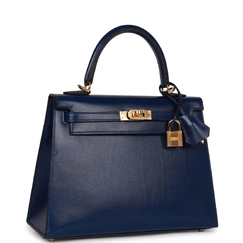 Hermès Kelly Bags with a chain - embellished handle for a modern twistHermes Kelly Sellier 25 Bleu Saphir Box Gold Hardware