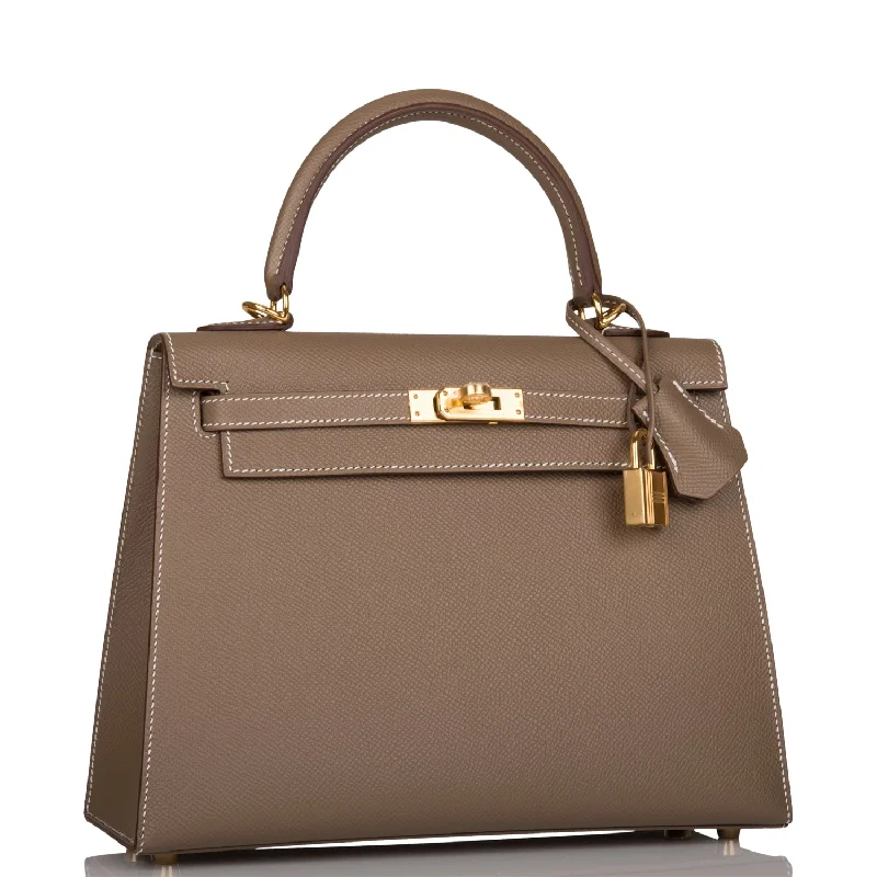 Medium - sized Hermès Kelly Bags in Taurillon Clemence leather for durabilityHermes Kelly Sellier 25 Etoupe Epsom Gold Hardware