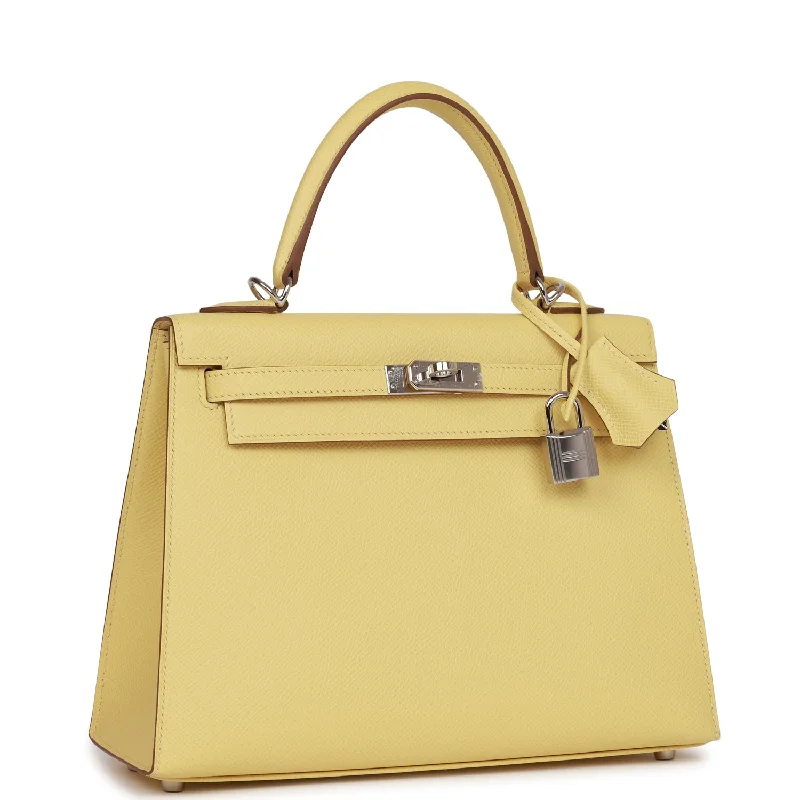 Hermès Kelly Bags with a hand - stitched leather handle for artisanal charmHermes Kelly Sellier 25 Jaune Poussin Epsom Palladium Hardware