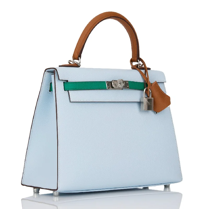 Hermès Kelly Bags in a bold tomato red for a fashion - forward statementHermes Kelly Sellier 25 Tri-Color Bleu Brume, Vert Jade and Gold Epsom Palladium Hardware