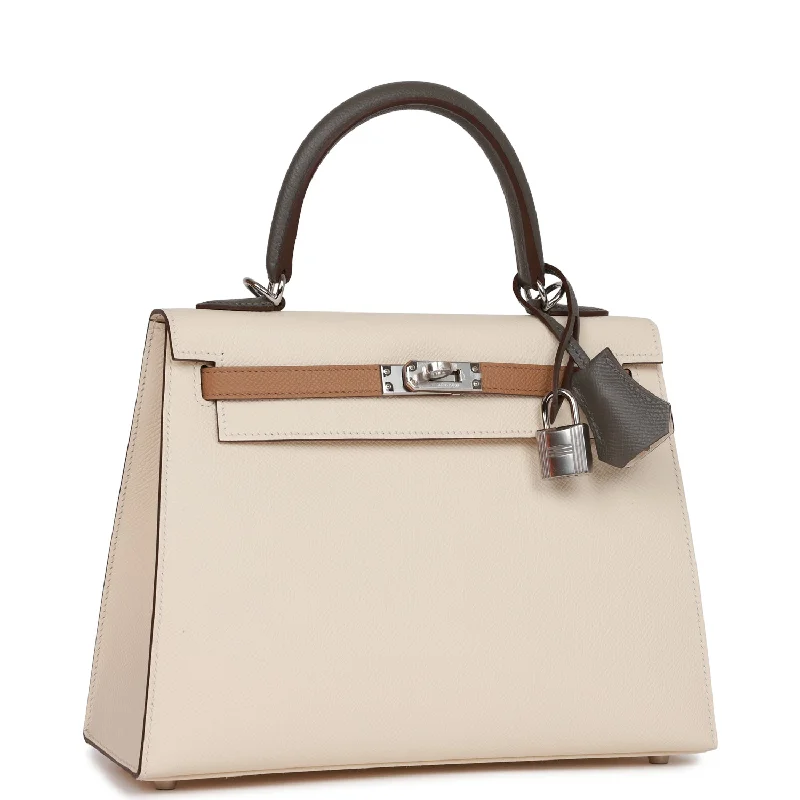 Hermès Kelly Bags with palladium - toned hardware for a modern aestheticHermes Kelly Sellier 25 Tri-Color Nata, Chai and Gris Meyer Epsom Palladium Hardware