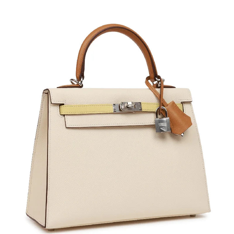 Hermès Kelly Bags with gold - toned hardware for a luxurious touchHermes Kelly Sellier 25 Tri-Color Nata, Jaune Poussin and Sesame Epsom Palladium Hardware