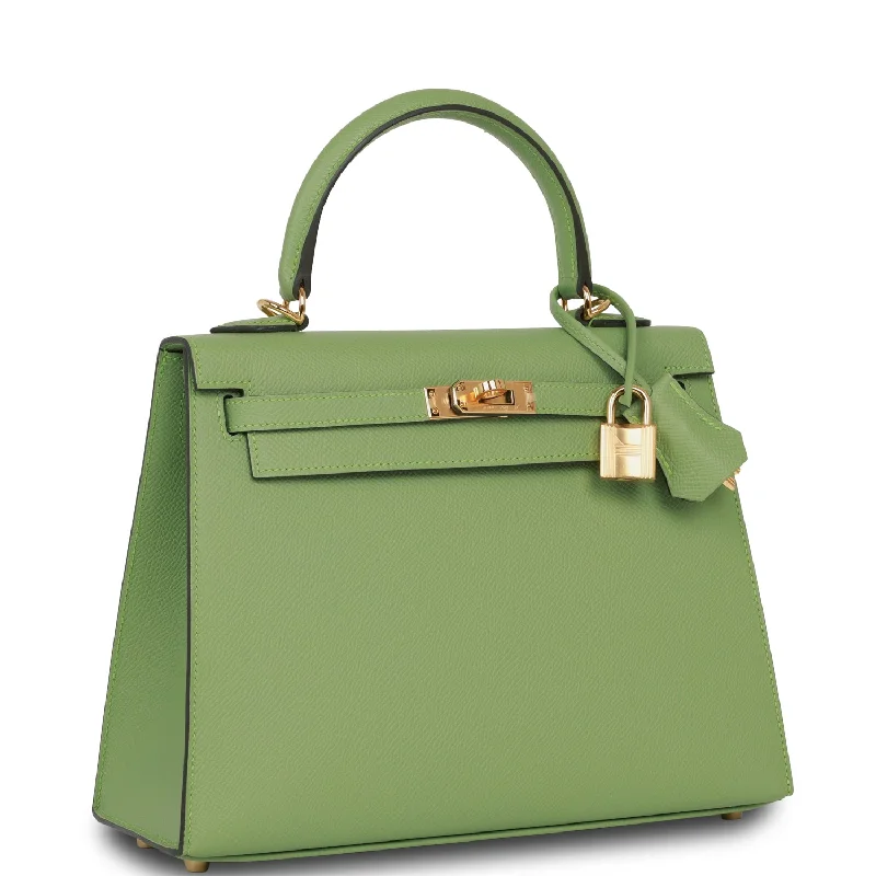 Hermès Kelly Bags in a soft ivory color for an elegant aestheticHermes Kelly Sellier 25 Vert Criquet Epsom Gold Hardware