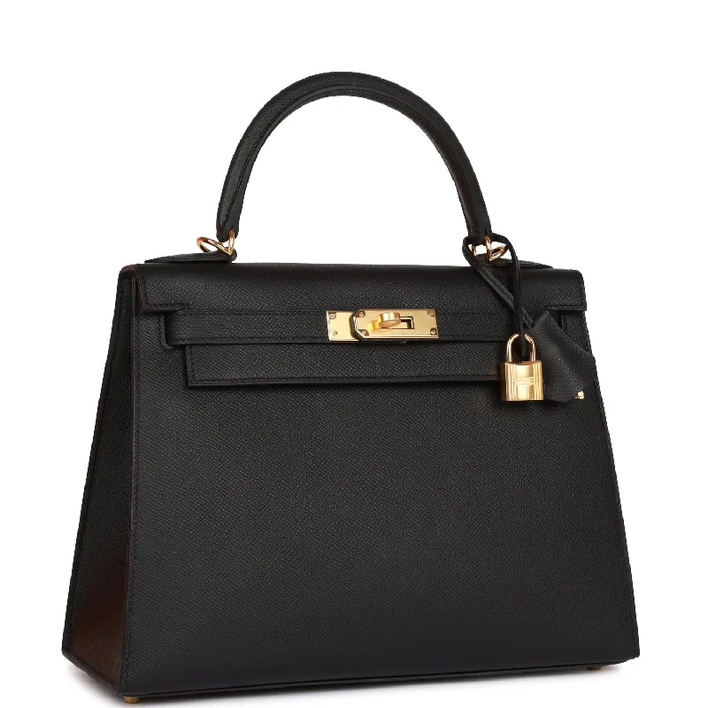 Medium - sized Hermès Kelly Bags in Taurillon Clemence leather for durabilityHermes Kelly Sellier 28 Black Epsom Gold Hardware